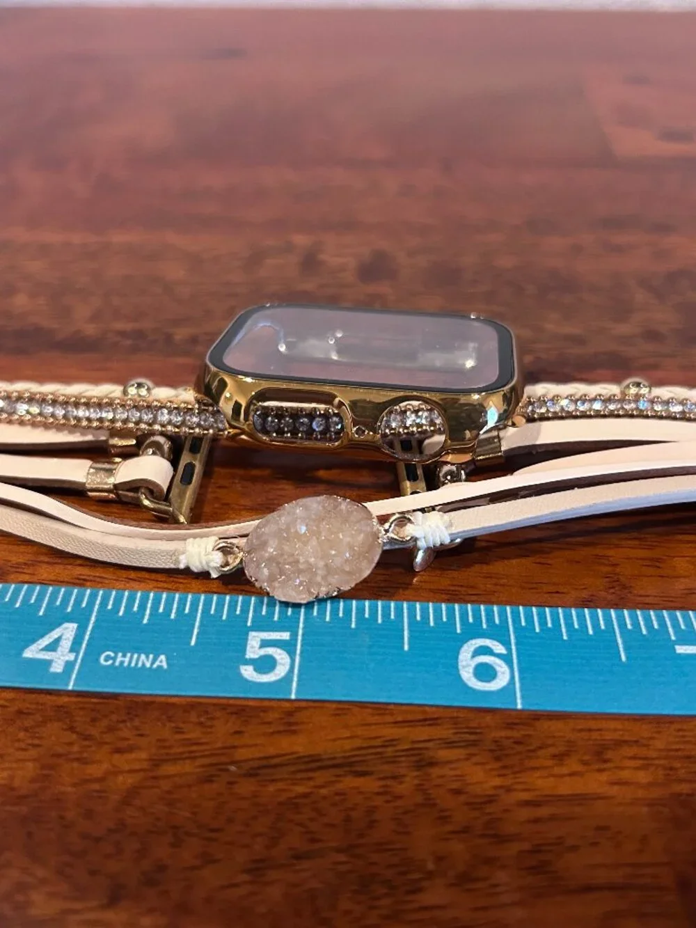Apple Watch 45mm Series 9/8/7 Gold Tempered Glass Case + Boho Bracelet Band Set